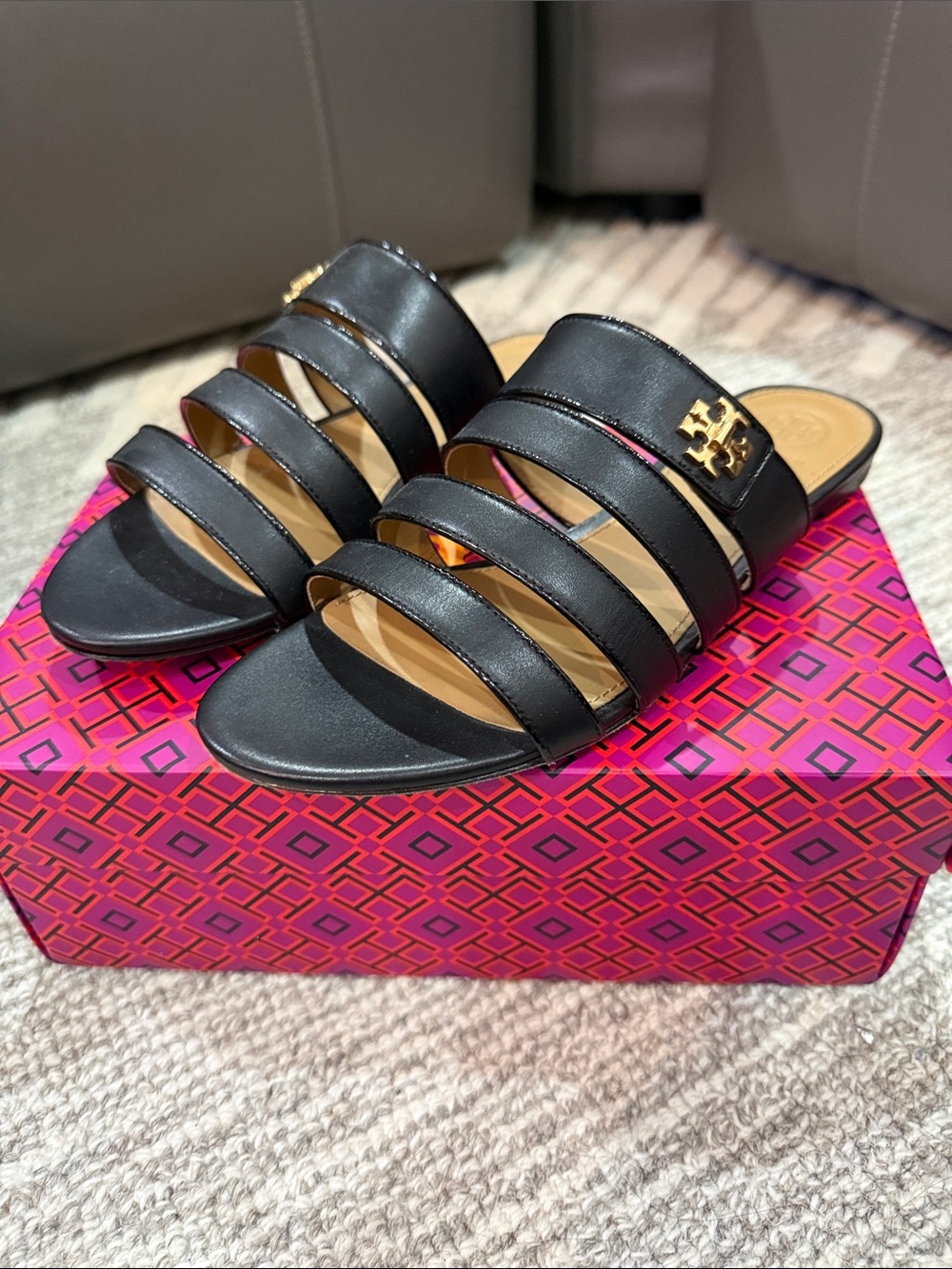 Tory Burch Black Leather Strappy Slide Sandals